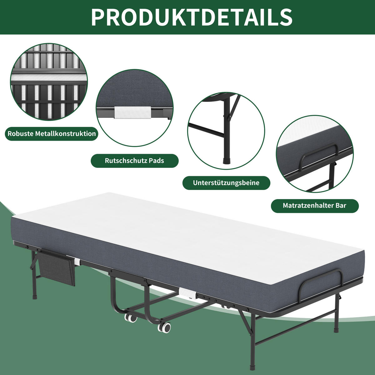 KLAPPBETT auf Rollen 80x190 cm Metall Schwarz inkl. Matratze - Schwarz, Metall (80/190cm) - Meubliv