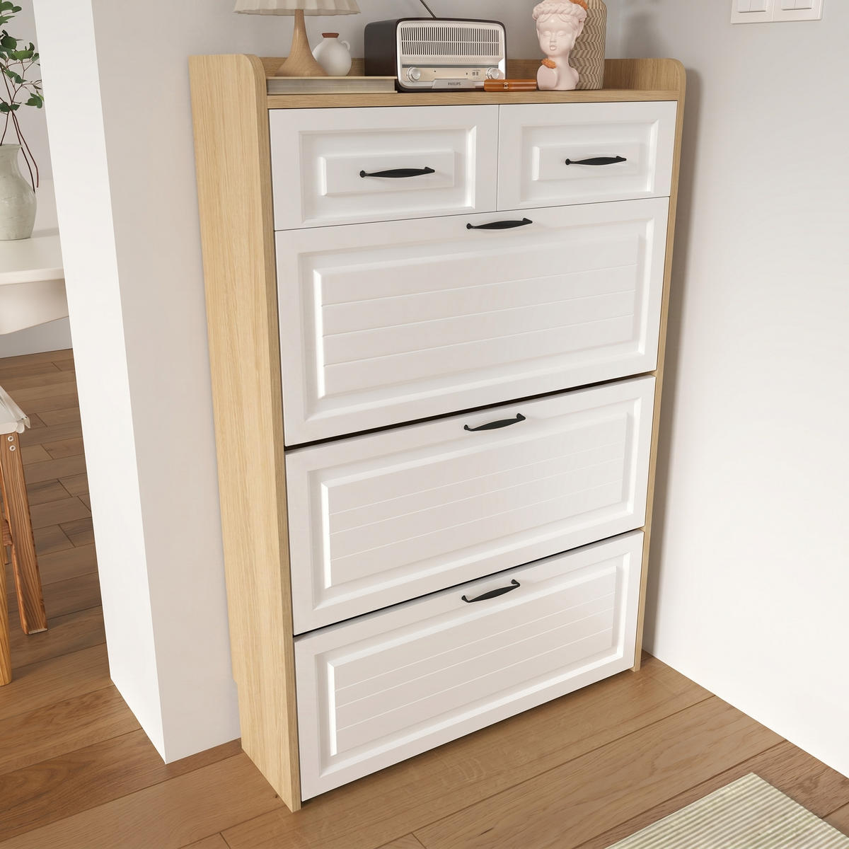 SCHUHSCHRANK Natural+Weiß 80/23.5/131 cm mit 3 Klappen und 2 Schubladen - Naturfarben, Holzwerkstoff (80/131/23.5cm) - PANGIVO