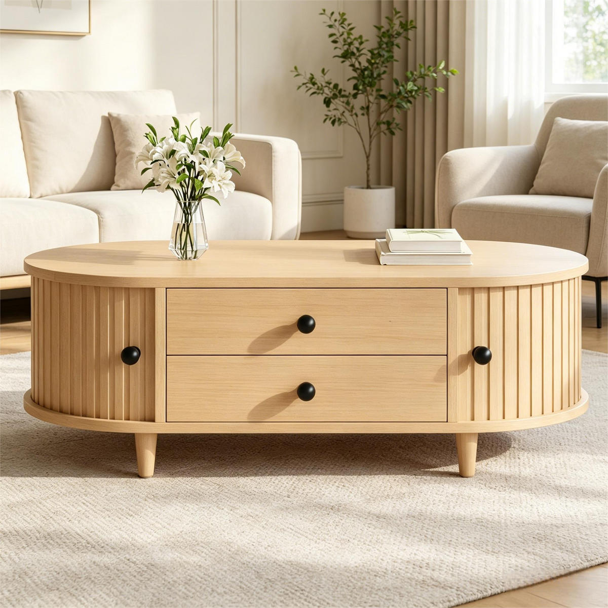 COUCHTISCH in Holzoptik Runder Kaffeetisch mit Rolltüren und Schubladen, Massivholzbeinen, 100/50/36 cm - Hellbraun, Holzwerkstoff (50/100/36cm) - STILVORA