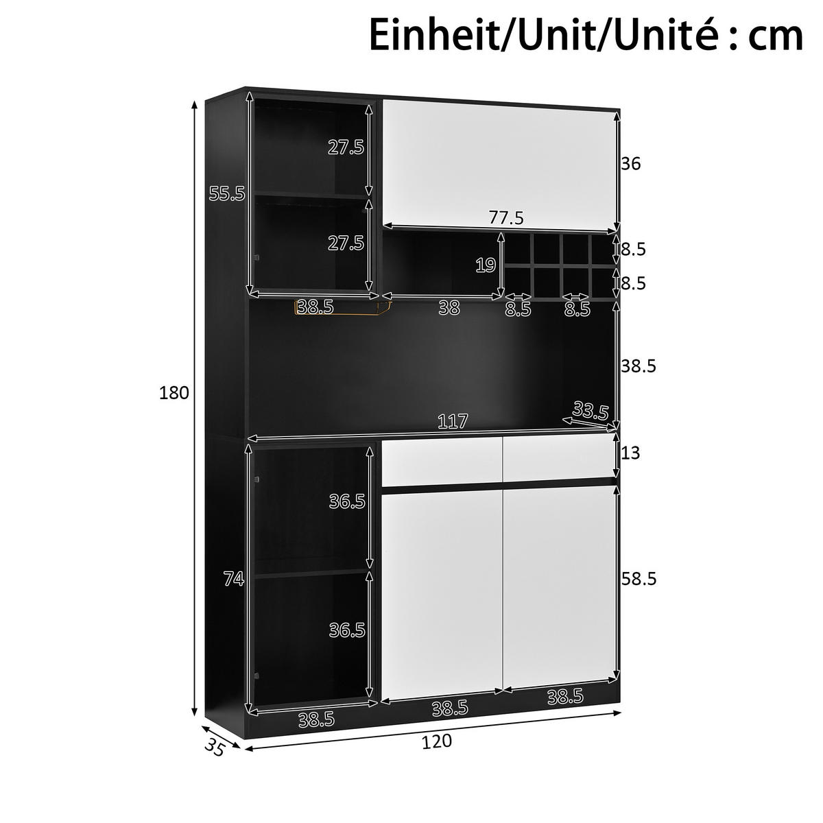 HOCHSCHRANK mit LED, Türen und Schubladen - Schwarz/Weiß, Holzwerkstoff (120/180/35cm) - FLIEKS