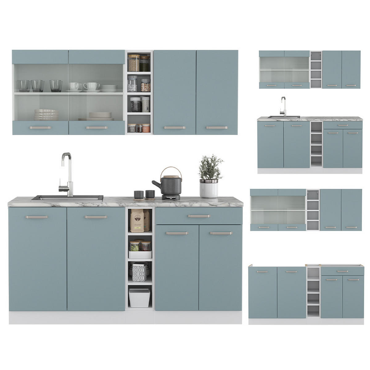 SINGLEKÜCHE KÜCHE R-Line Blau-Grau/Weiß 160 cm ohne AP - Blaugrau/Weiß, Holzwerkstoff (160/81.6/46cm) - Vicco