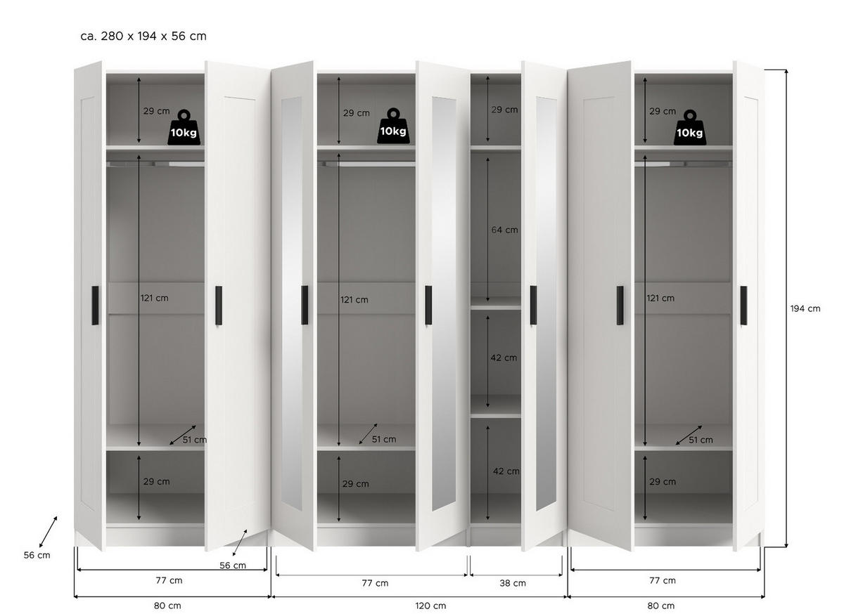 KLEIDERSCHRANK in weiß 280 x 194 cm skandinavisch, Drehtürenschrank 7-türig mit Spiegel - Schwarz/Weiß, Glas/Holzwerkstoff (280/194/56cm) - Inn.Furn