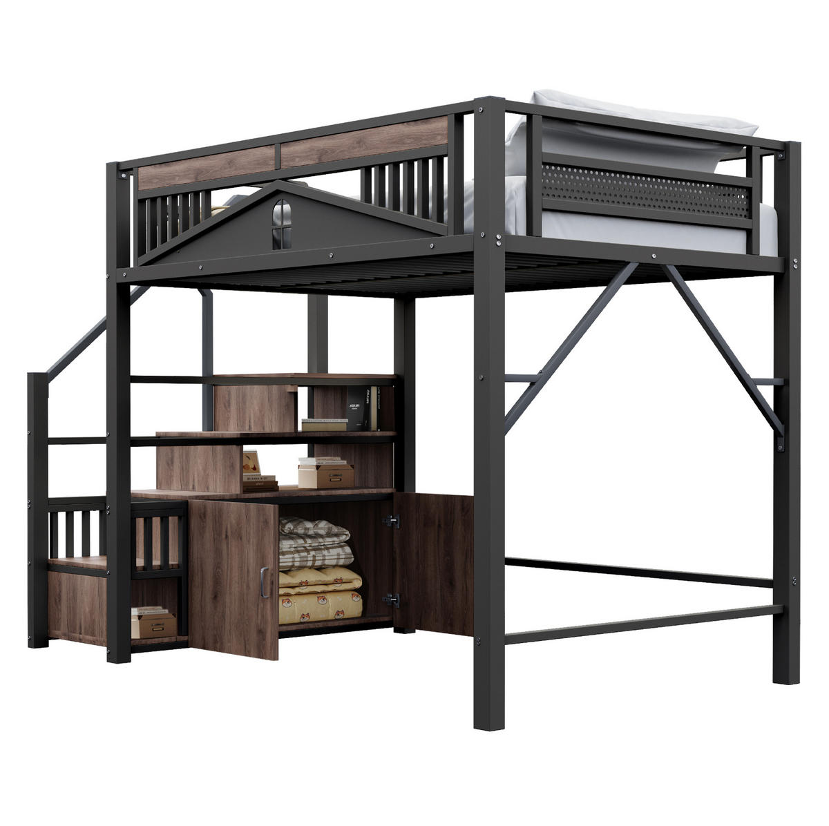 HOCHBETT 140/200 cm aus Metall mit Stauraumtreppe, Schrank und Sicherheitszaun mit Fenster, Schwarz - Schwarz, Metall (140/200cm) - Redom