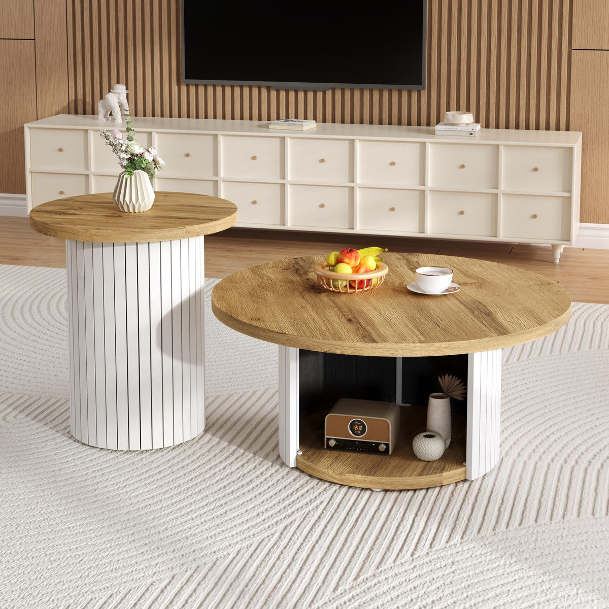 COUCHTISCH in Naturfarben Wohnzimmertisch- Set mit 2 runden Tischen,B75/T75/H50cm und B45/T45/H35cm - Weiß/Naturfarben, Holzwerkstoff (75/75/50cm) - STILVORA