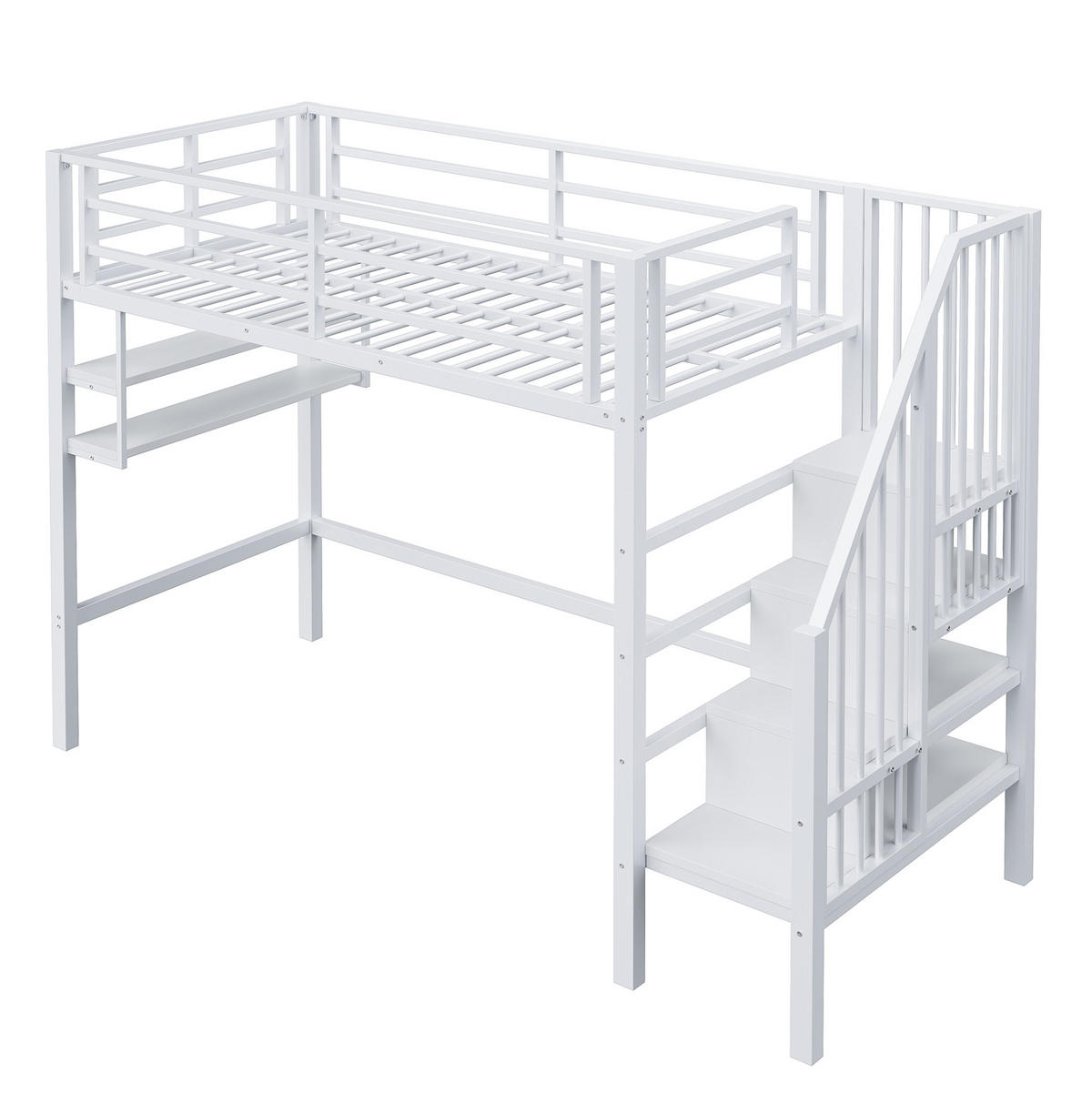 HOCHBETT 90/200 cm weiß aus Metall mit Stauraumleiter und Regalen - Weiß, Metall (90/200cm) - OKWISH