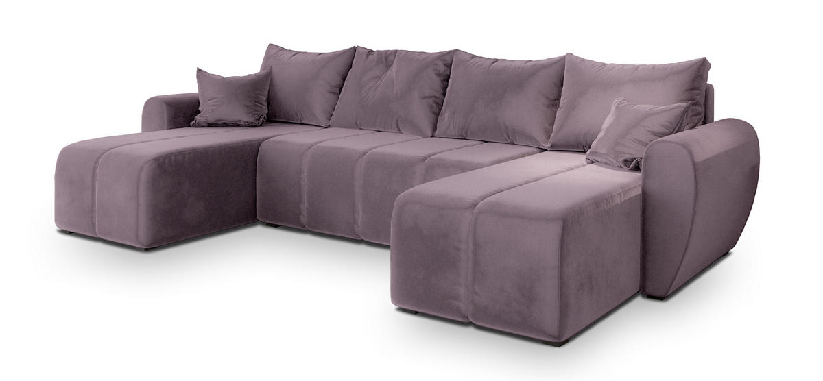 WOHNLANDSCHAFT MADISON U Rosa Plüsch-Stoff mit Schlaffunktion - Rosa, Holz (311/82/145cm) - MASSENO