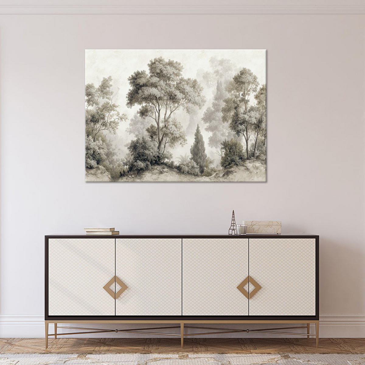 LEINWANDBILD, Bäume und ein Waldweg in einer romantischen Landschaft - Grau, Textil (120/80cm) - Feeby