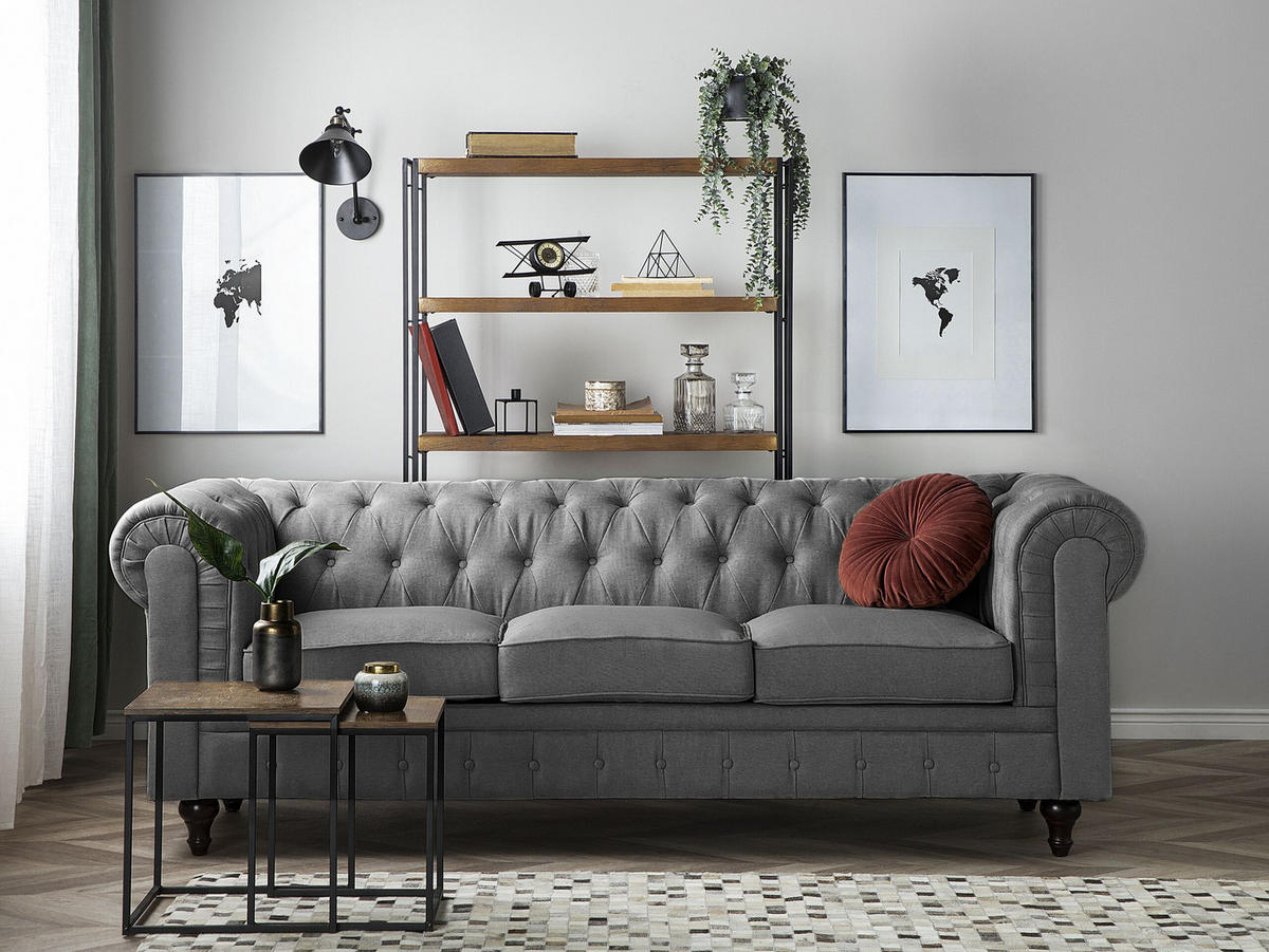 3-SITZER-SOFA Polsterbezug Hellgrau Chesterfield - Hellgrau, Textil (222/78/85cm) - Beliani