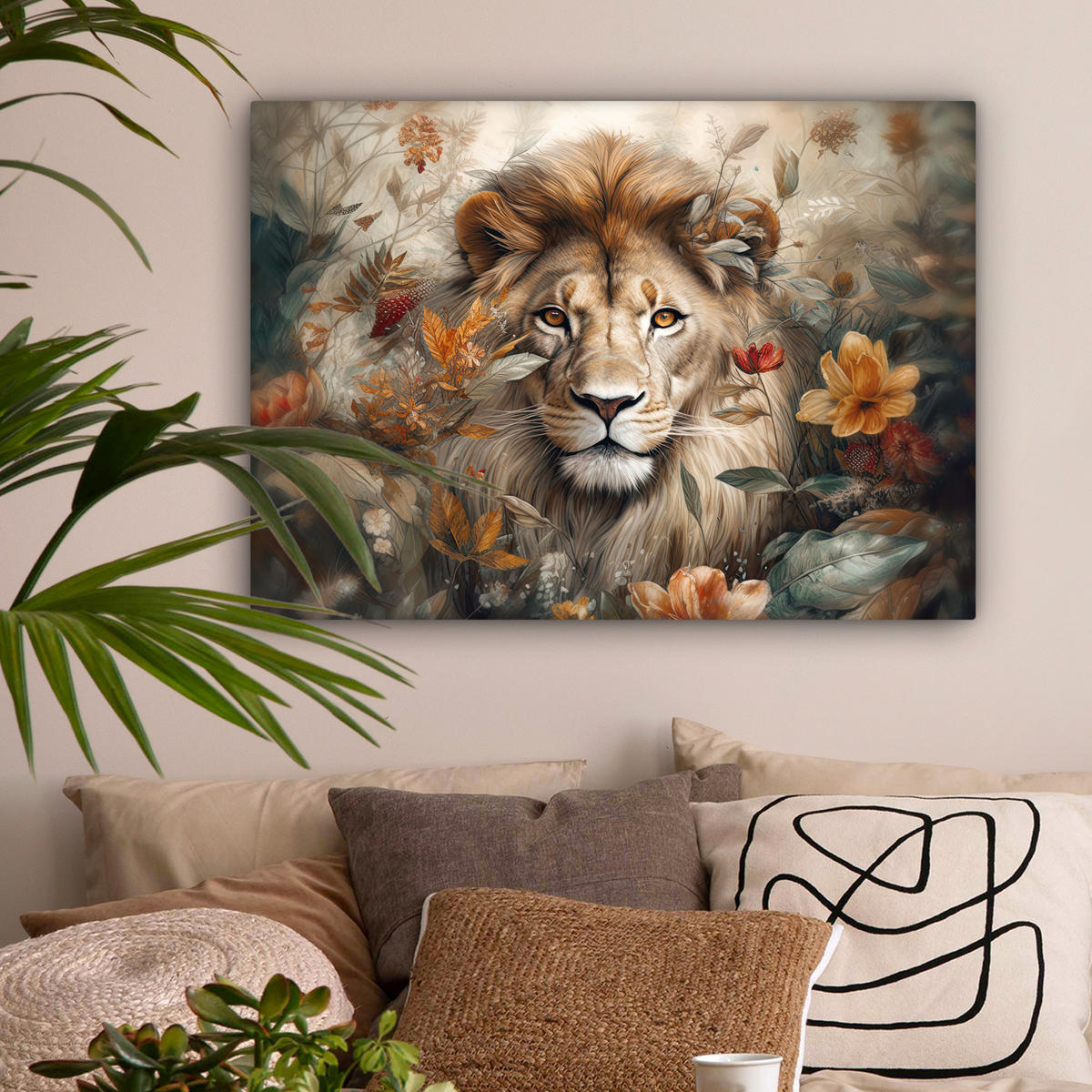 LEINWANDBILD Löwe - Wildtiere - Pflanzen - Natur - Blumen Wandbilder 80x60 cm - Beige, Textil (80/60cm) - MuchoWow