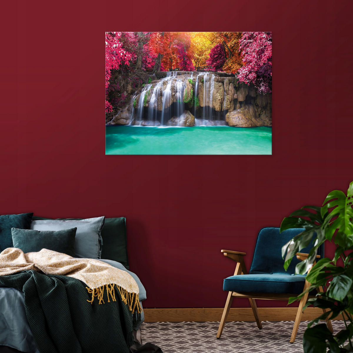 LEINWANDBILD Wasserfall Wald Bunt 100x70 cm - Multicolor, Holzwerkstoff (100/70cm) - Wallarena