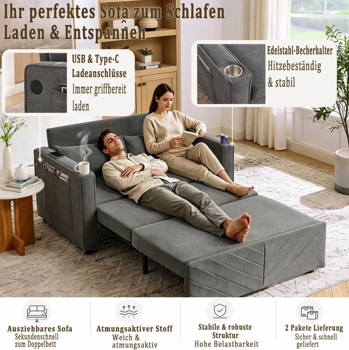 SCHLAFSOFA 2-Sitzer aus Holz und Stoff mit USB-Ladefunktion Dunkelgrau - Dunkelgrau, Holz (134/73/195cm) - Modenvie