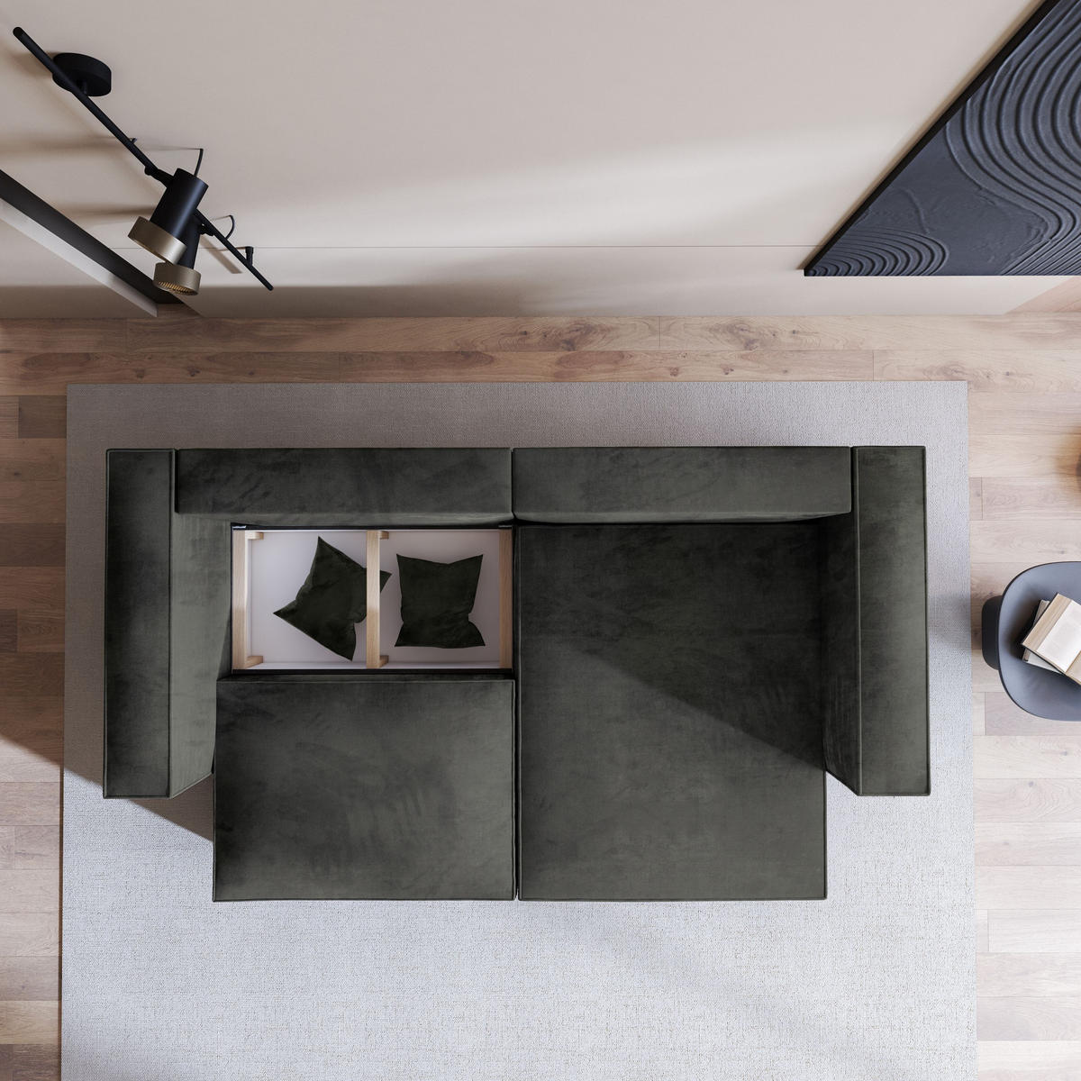 ECKSOFA NERIO M Schwarz Velours-Stoff mit Schlaffunktion - Schwarz, Holz (245/148cm) - MASSENO