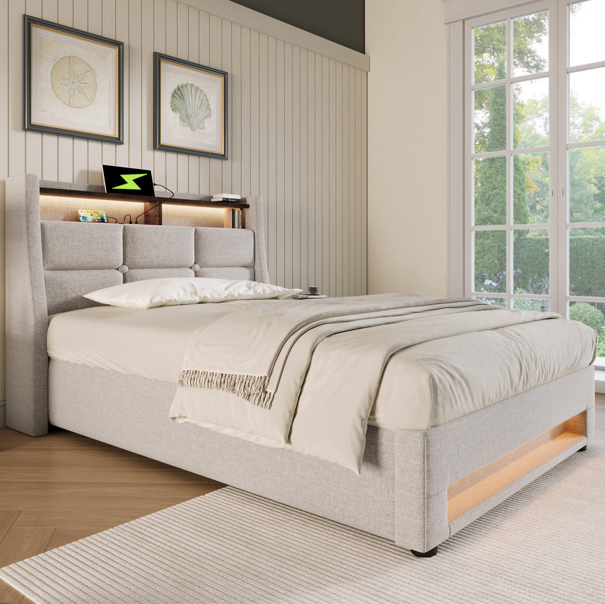 POLSTERBETT 90/200 cm Beige mit USB-Anschluss und LED-Beleuchtung Mit Matratze - Beige, Textil (90/200cm) - OKWISH