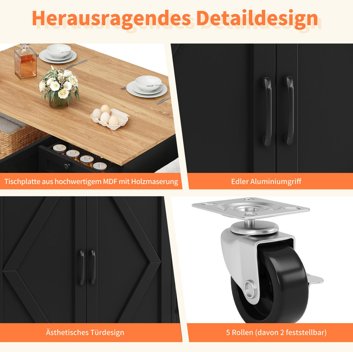 KÜCHENINSEL mit Klapptisch 120 cm Black - Schwarz, Holz (43.2/92/120cm) - Beauniv