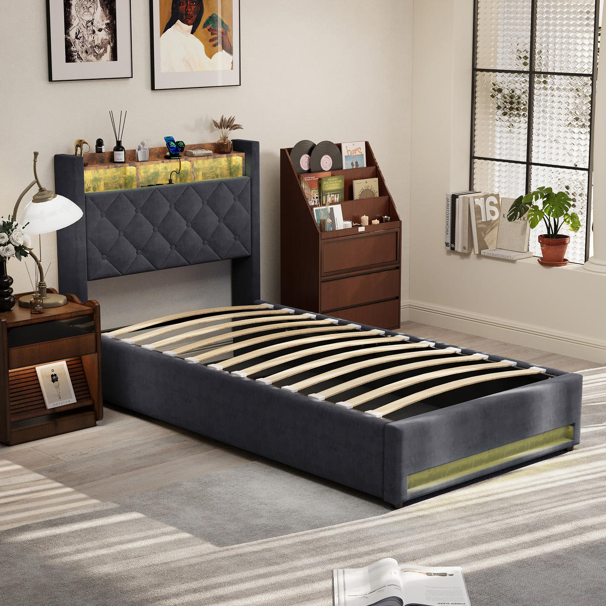 STAURAUMBETT 90/190 cm Grau mit USB und LED - Grau, Textil (90/190cm) - MIVRAY