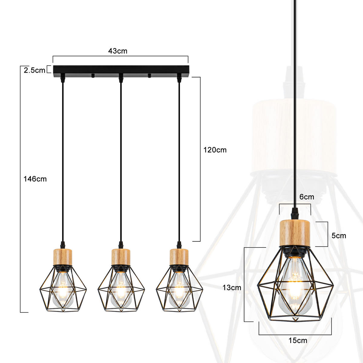 PENDELLEUCHTE Everett 43/15/146 cm - Schwarz, Metall (43/15/146cm) - ZMH