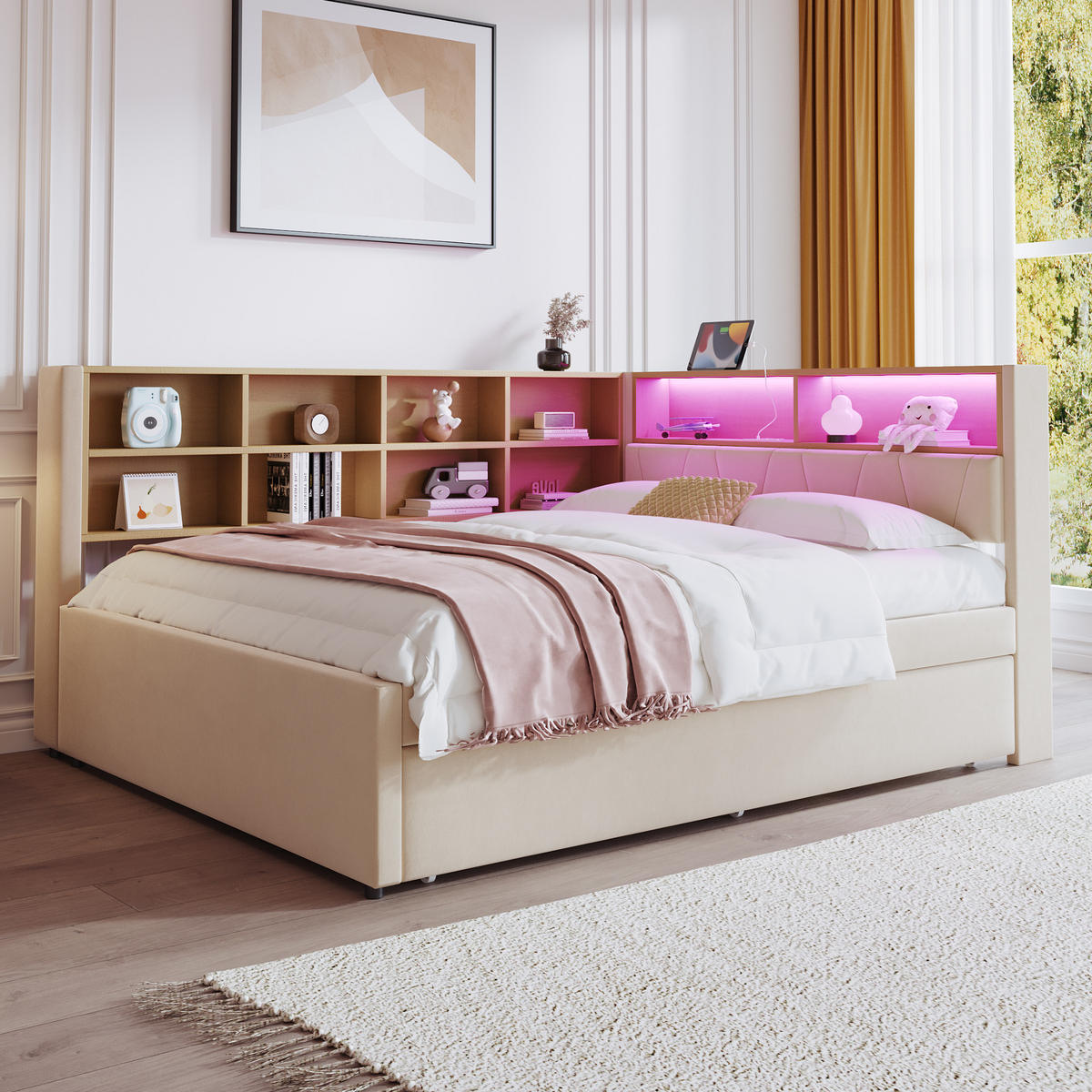 BETT mit Ausziehbett 140/200 cm & 90/190 cm mit LED-Beleuchtung und USB-Anschlüssen Flanell Beige - Beige, Textil (140/200cm) - OKWISH