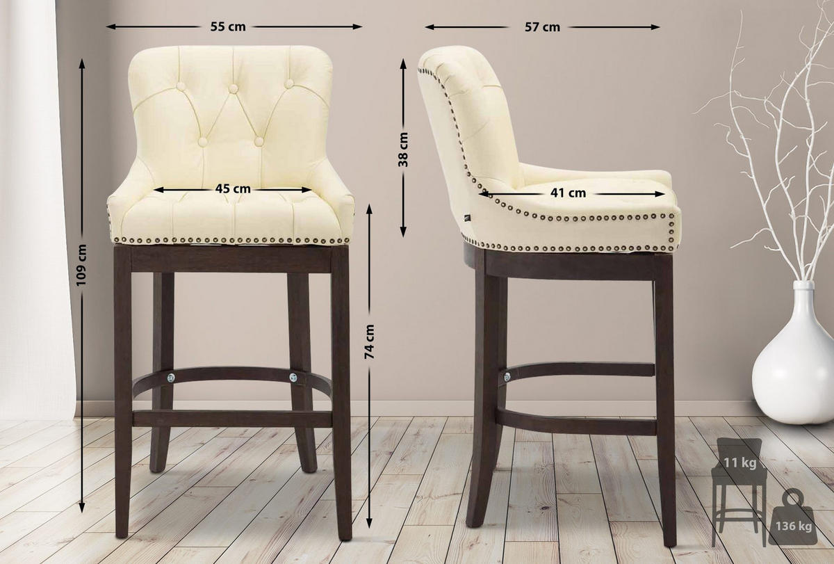 BARHOCKER Lakewood Massivholz 109x55x57 cm Creme - Creme, Leder (55/109/57cm) - furnicato