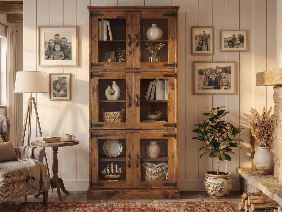 VITRÍNA z masivního dřeva Rustyk - tmavě hnědá/černá, dřevo (90/190/40cm) - Seart