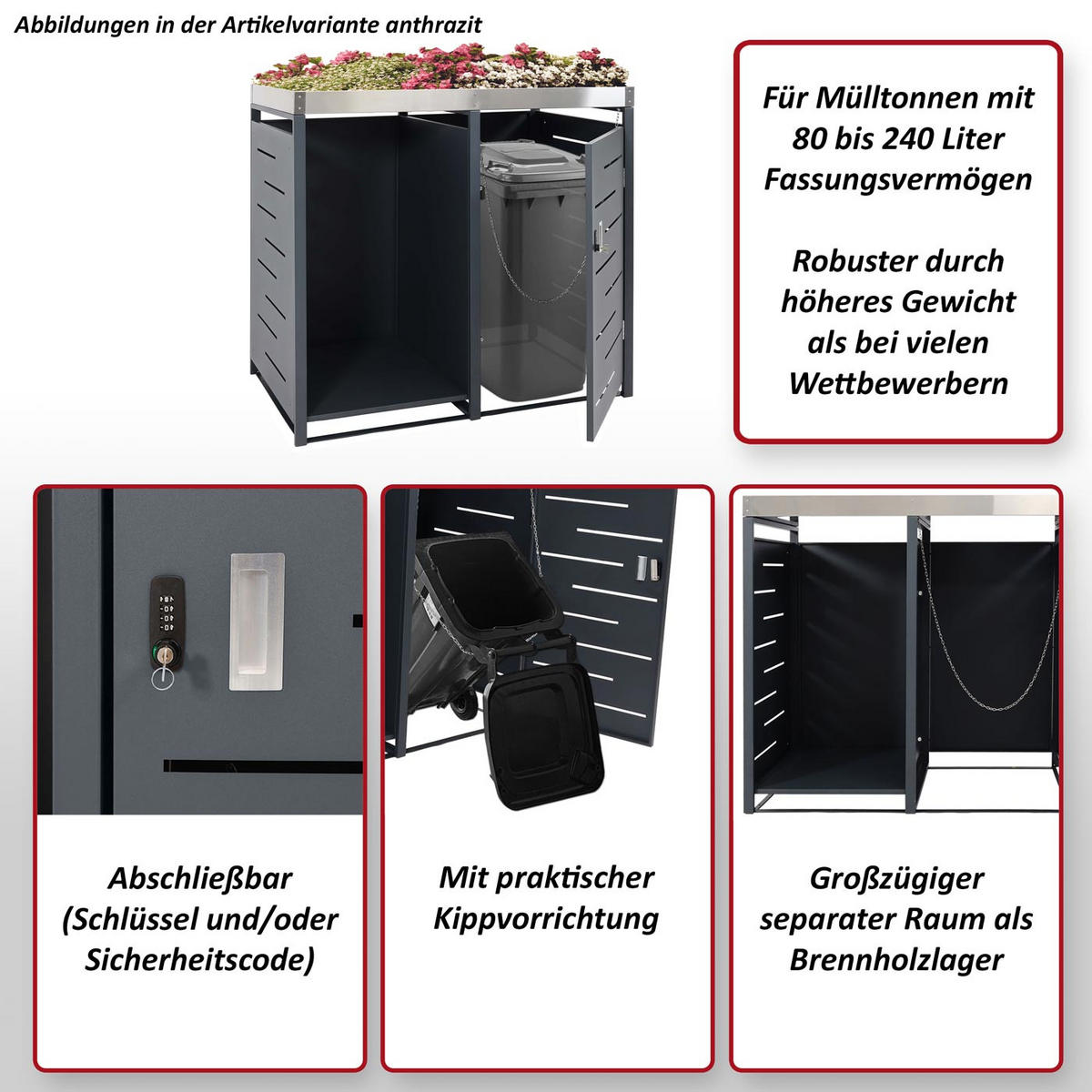 1ER-MÜLLTONNENBOX MIT HOLZLAGER rechteckig Anthrazit - Anthrazit, Metall (130/125/80cm) - MCW