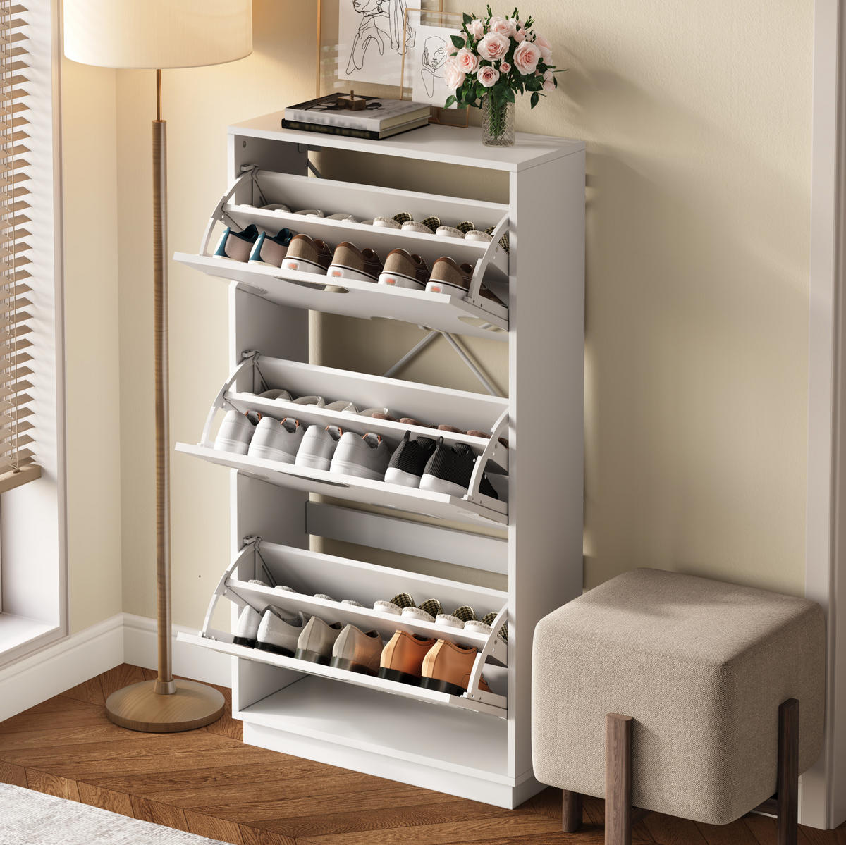SCHUHSCHRANK 63/120/24 cm Weiß aus MDF mit 3 Klappen und Spiegel - Weiß, Holzwerkstoff (63/120/24cm) - OKMYHOME