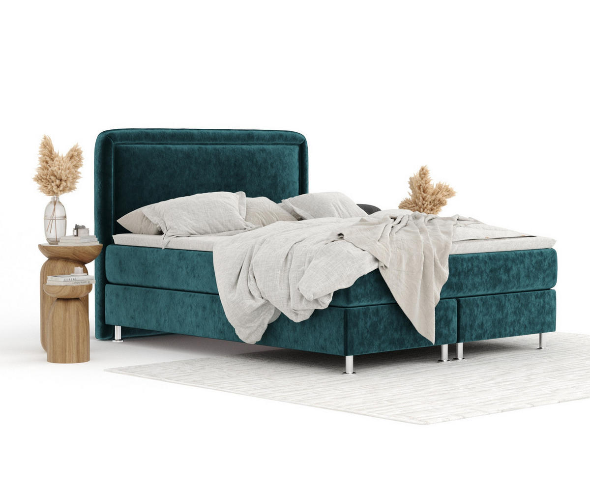 BOXBETT Salvi Türkisfarben 160/200 cm mit Matratze und Topper - Türkis/Silberfarben, Holz/Holzwerkstoff (160/200cm) - Maison de Reve