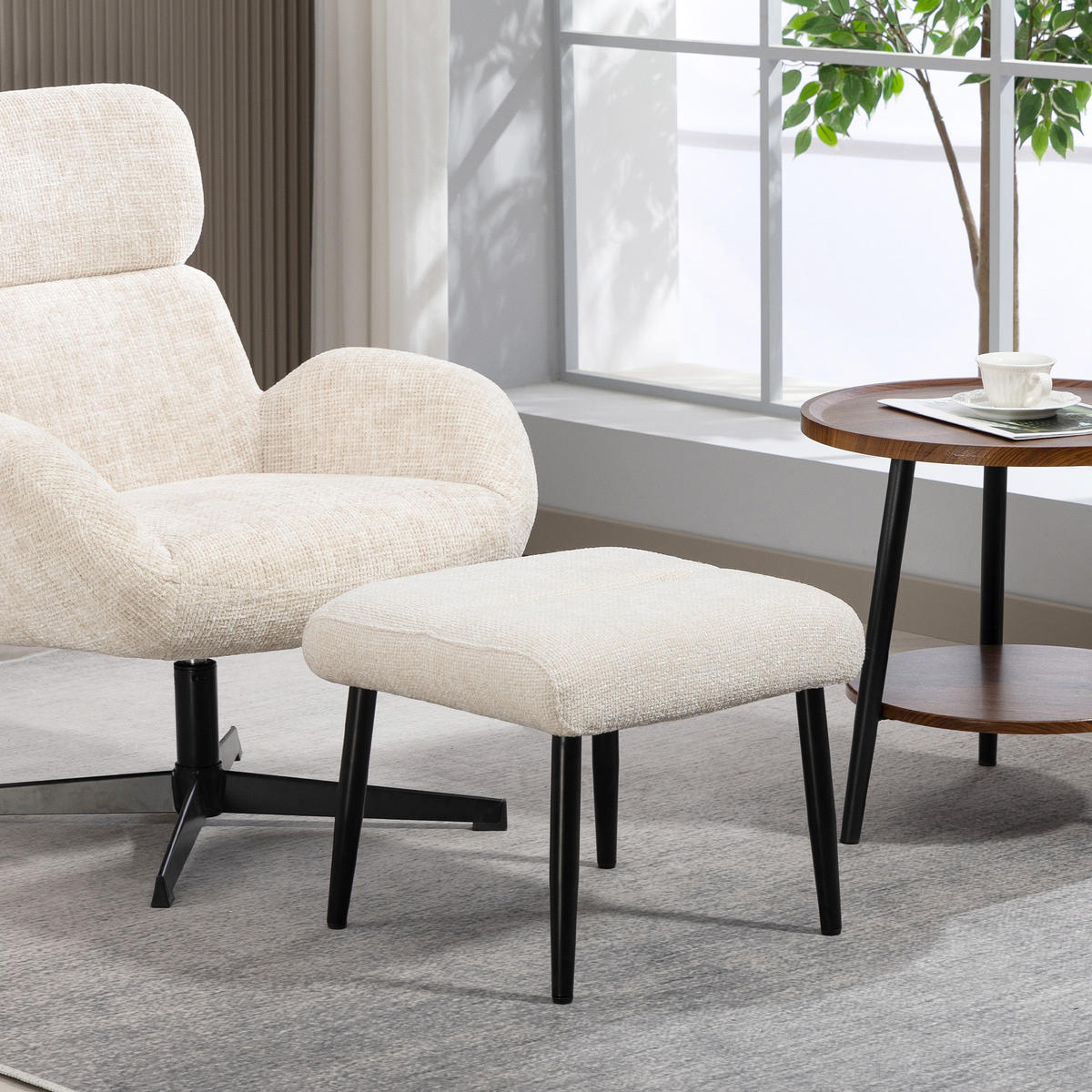 SITZHOCKER mit Stahlbeinen Fußhocker Chenille-Stoff - Creme/Schwarz, Textil/Metall (41/38/45cm) - HOMCOM