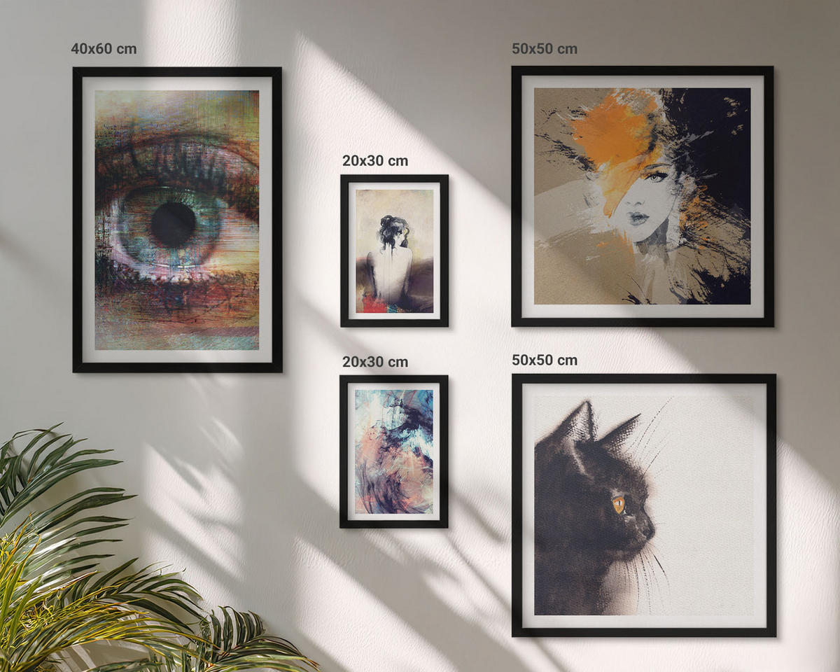 BILDER SET 5er Set - 50x50 cm & 20x30 cm & 40x60 cm Schwarzer Rahmen - Gelbgrau-braune Wellen - Schwarz, Kunststoff (40/60cm) - TULUP