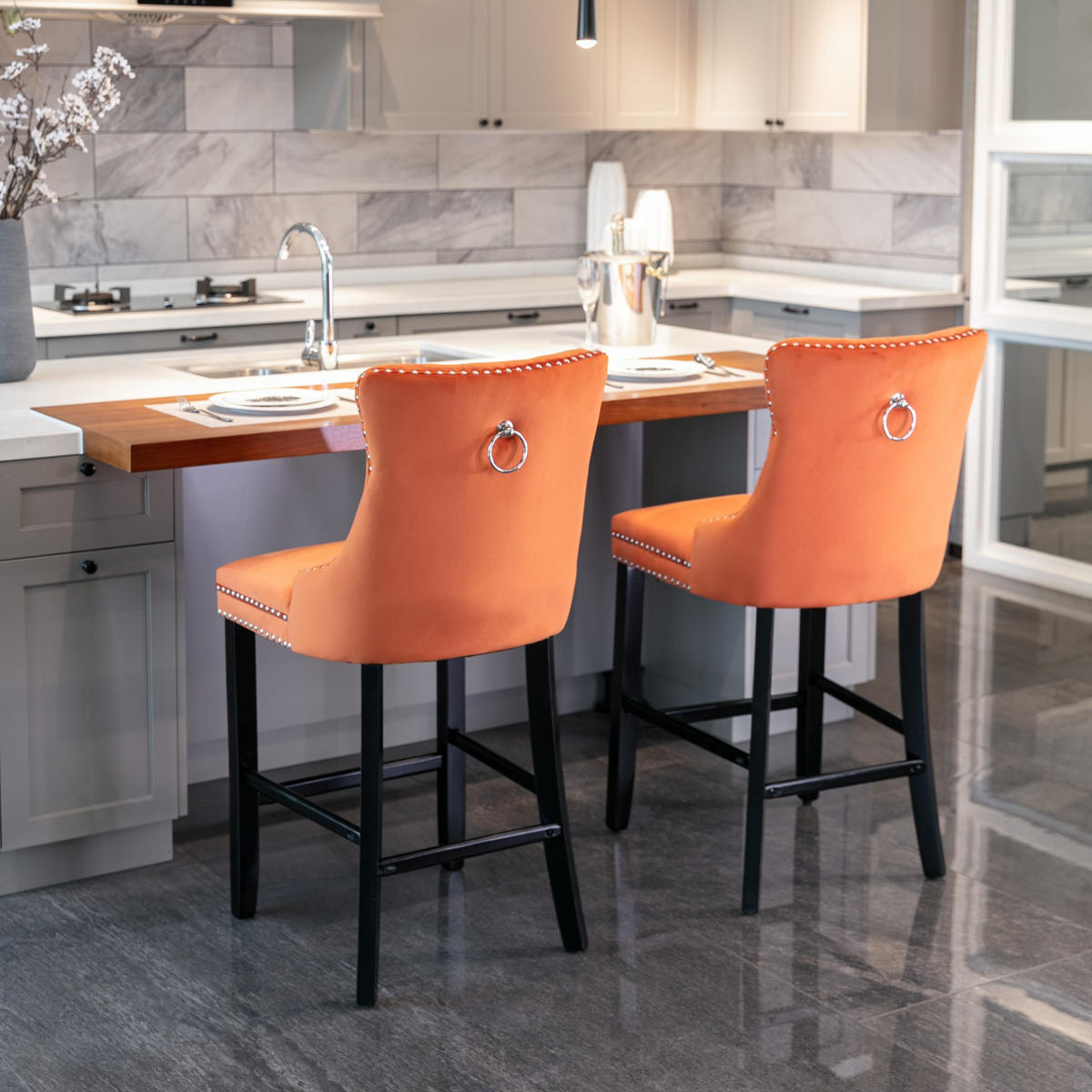 BARHOCKER 2er-Set Orange mit Samtbezug und Rückenlehne - Orange, Textil (60/103/50cm) - PANGIVO