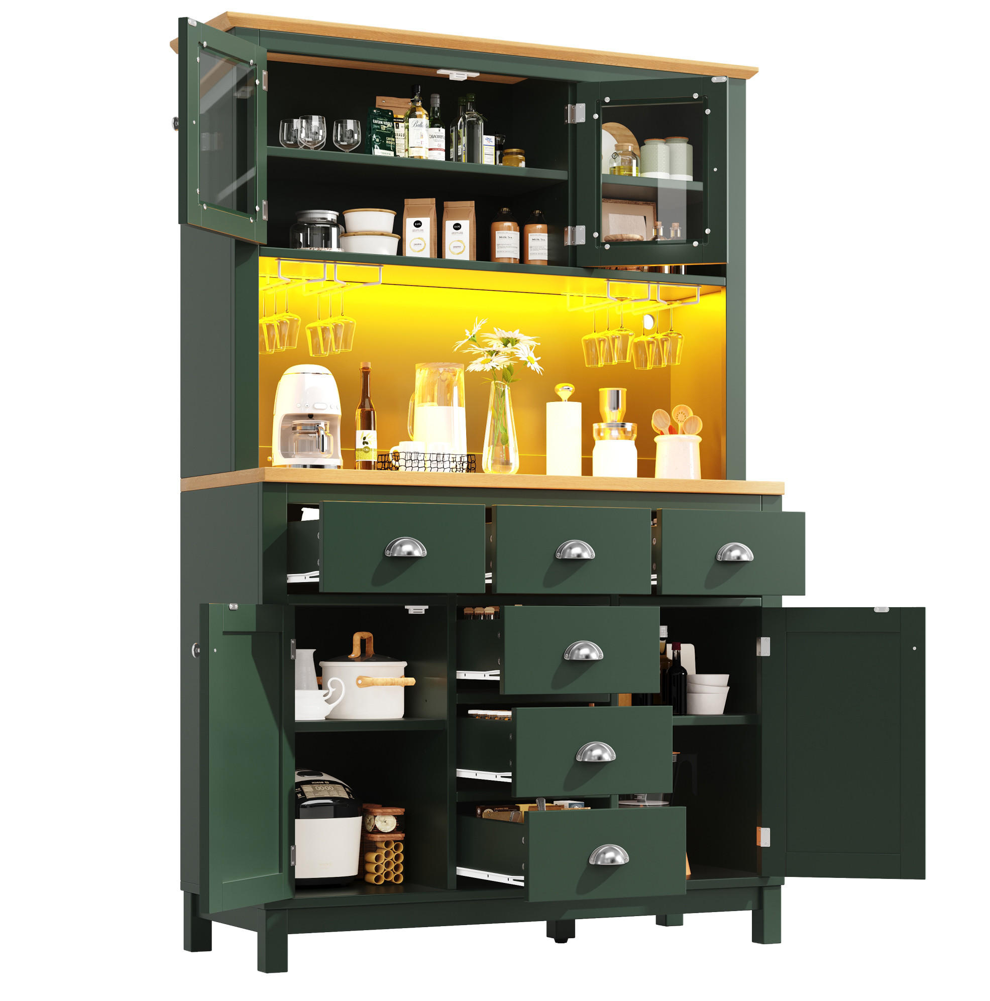 BUFFETOVÁ skrinka 104/40/180 cm zelená z MDF s LED osvetlením a držiakmi na nápoje - zelená, kompozitné drevo (104/180/40cm) - OKWISH