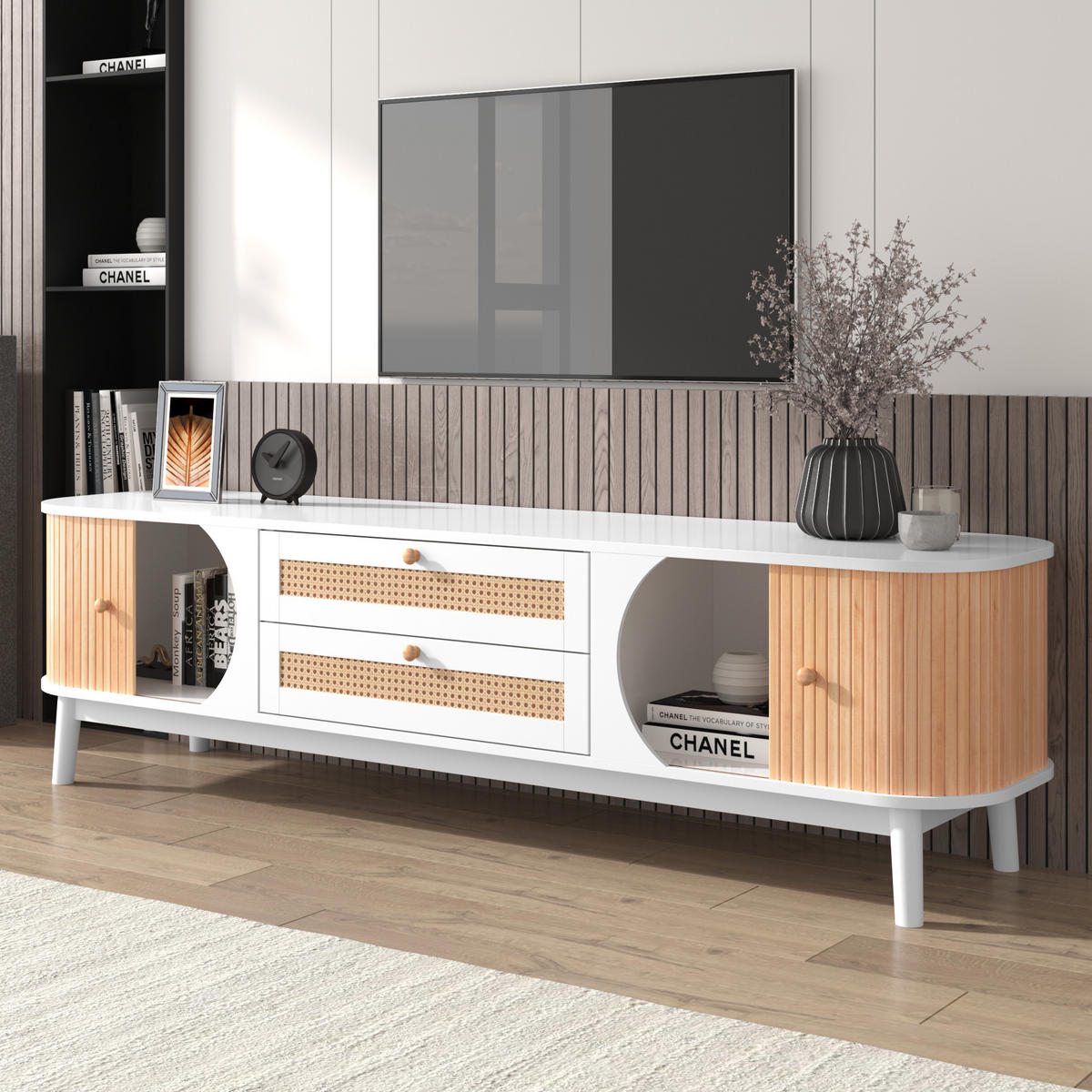 TV-SCHRANK in Weiß und Holzoptik mit Rattan-Schubladen 170/39.5/46 cm - Weiß, Holzwerkstoff (170/46/39.5cm) - Redom