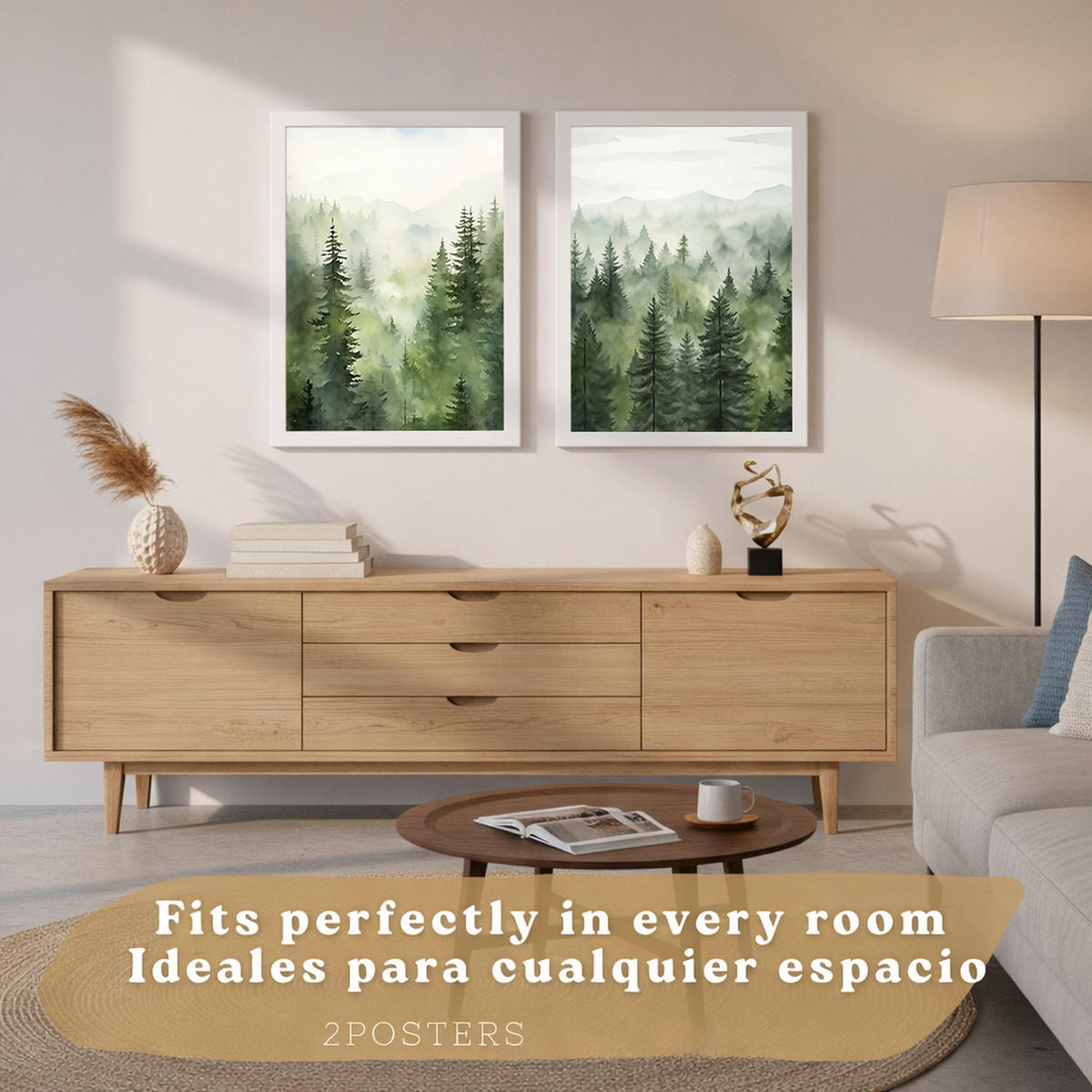 PLAKAT Sada 2 dekorativních tisků Nordic Forest Landscape Moderní obývák Obrázky - Zelené dekorativní plakáty Dekorace ložnice A4 bez rámu - čirá, papír (29.7/42/3cm)