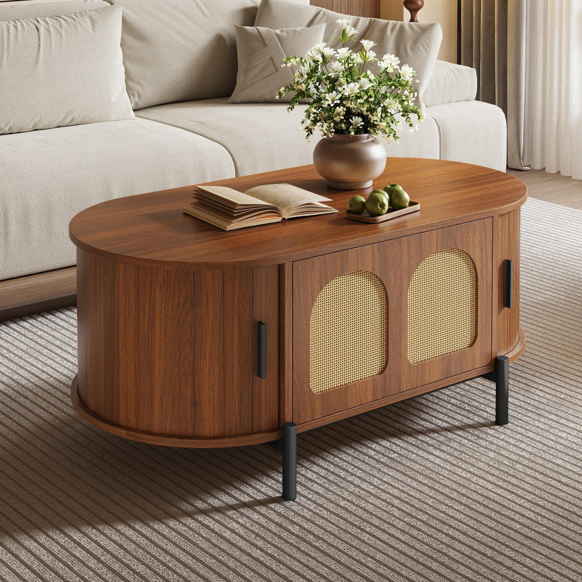 COUCHTISCH oval mit Stauraum 100 x 50 cm Holzoptik Rattan - Braun, Holz (100/50/40cm) - Meubliv