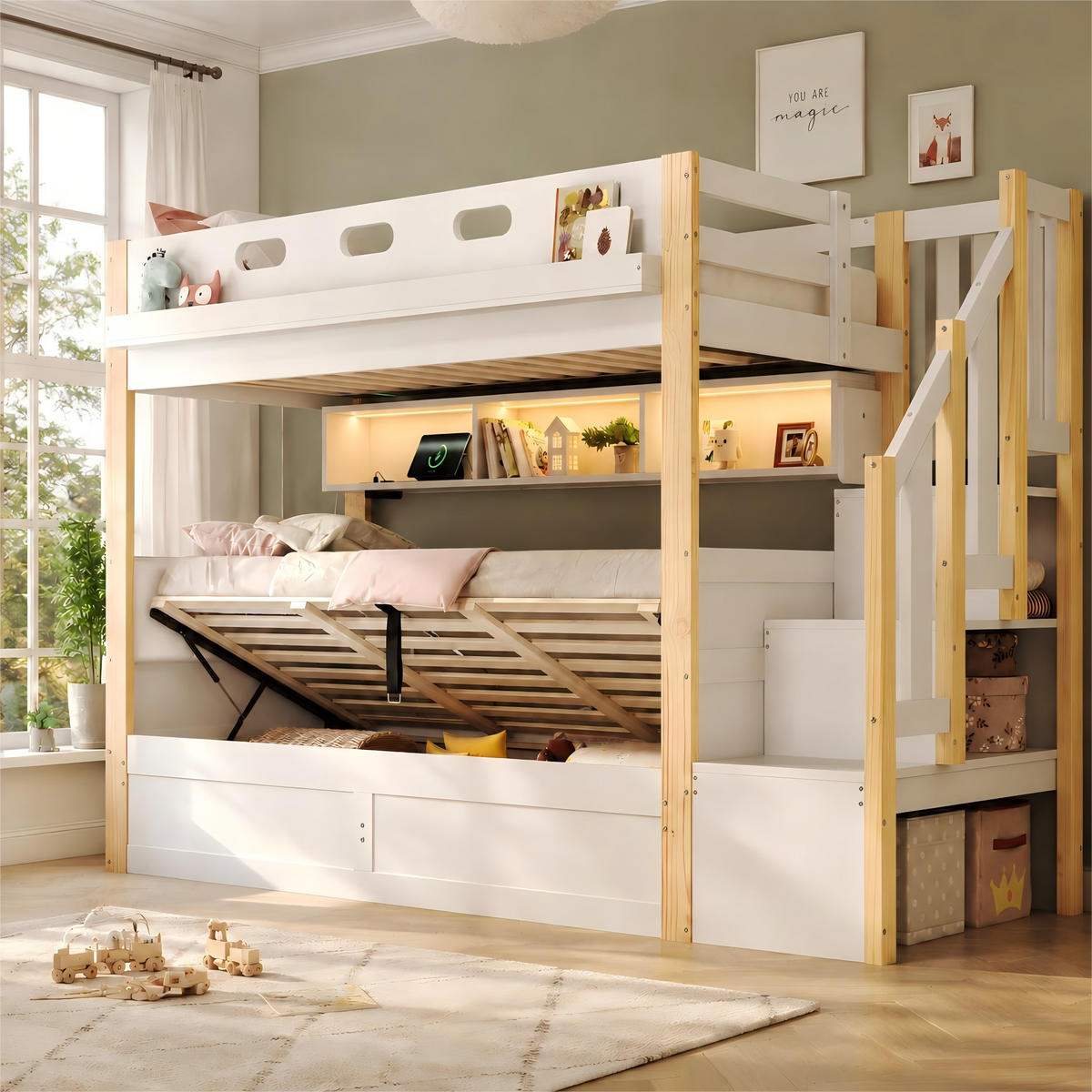 ETAGENBETT 90/200 cm mit Hydraulik und LED, DE-41821, in Weiß - Weiß, Holz (90/200cm) - ComfortXL