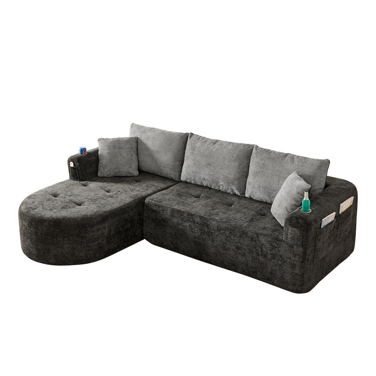L-FÖRMIGES ECKSOFA Schwarz 255/170/67 cm 3-Sitzer mit Becherhalter und Seitentaschen - Schwarz, Textil (255/170cm) - PANGIVO