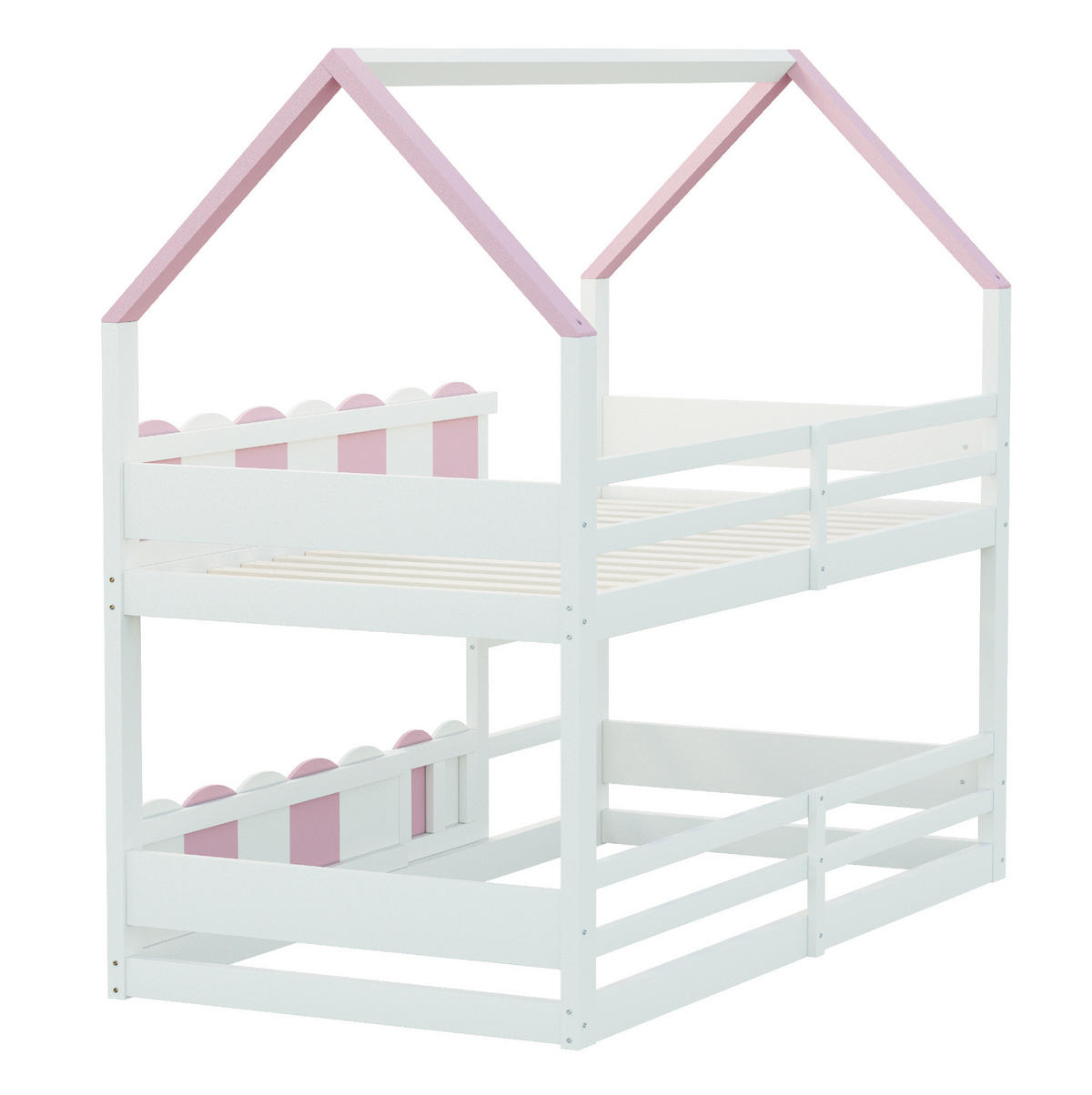 ETAGENBETT aus Holz 90x200 cm Rosa/Weiß mit Hausdesign, Sicherheitsgeländern und Klapptür - Pink, Holz (90/200cm) - Modfu