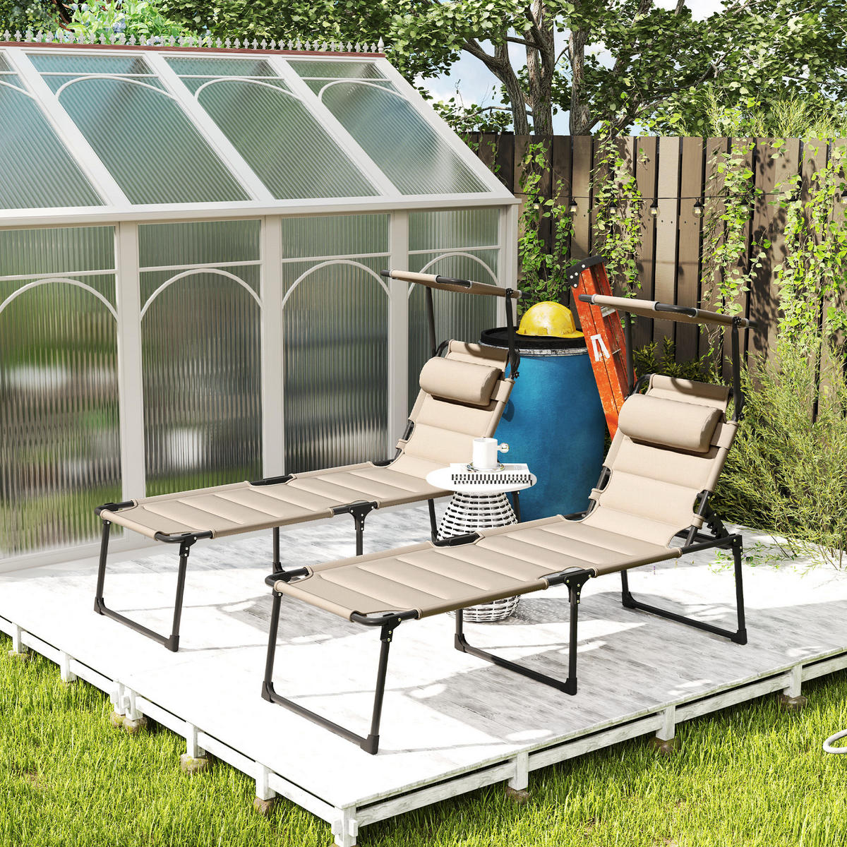 SONNENLIEGE 2er-Set DE-15652 klappbar, verstellbares Sonnendach Khaki - Mokka, Metall (200/45/70cm) - ComfortXL
