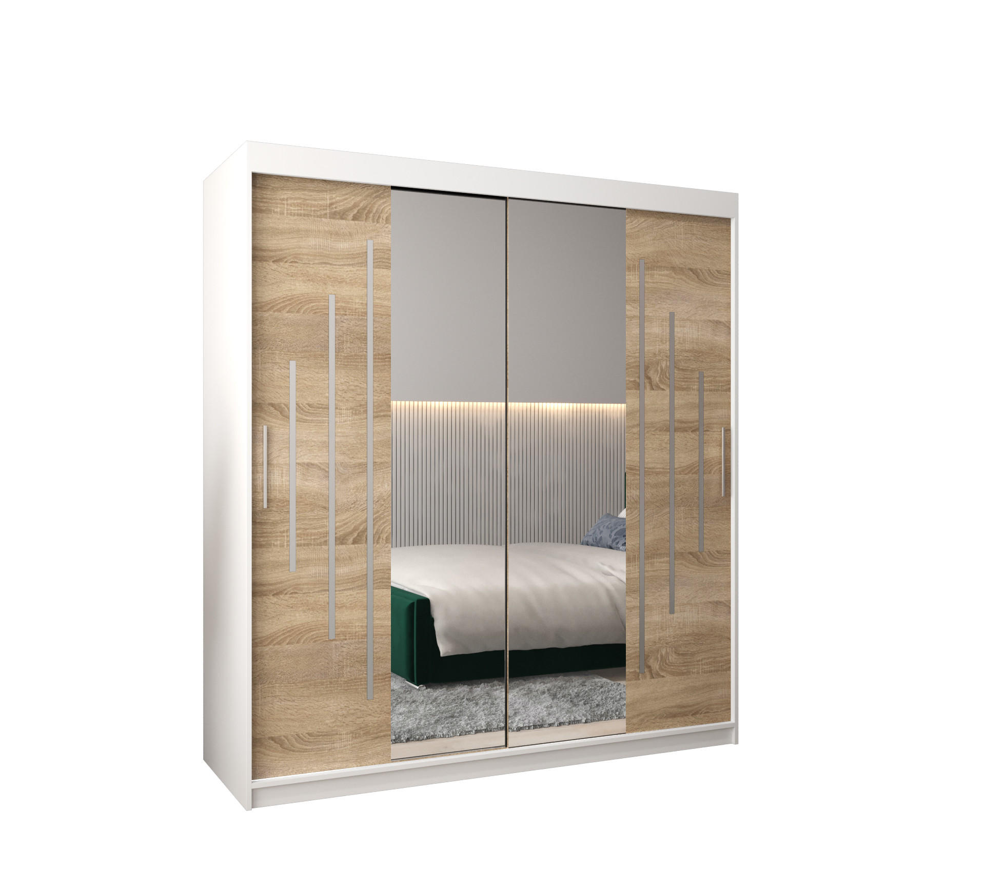 Abiks Möbel SCHWEBETÜRENSCHRANK Weiß, Sonoma Eiche 180cm × 62cm × 200cm