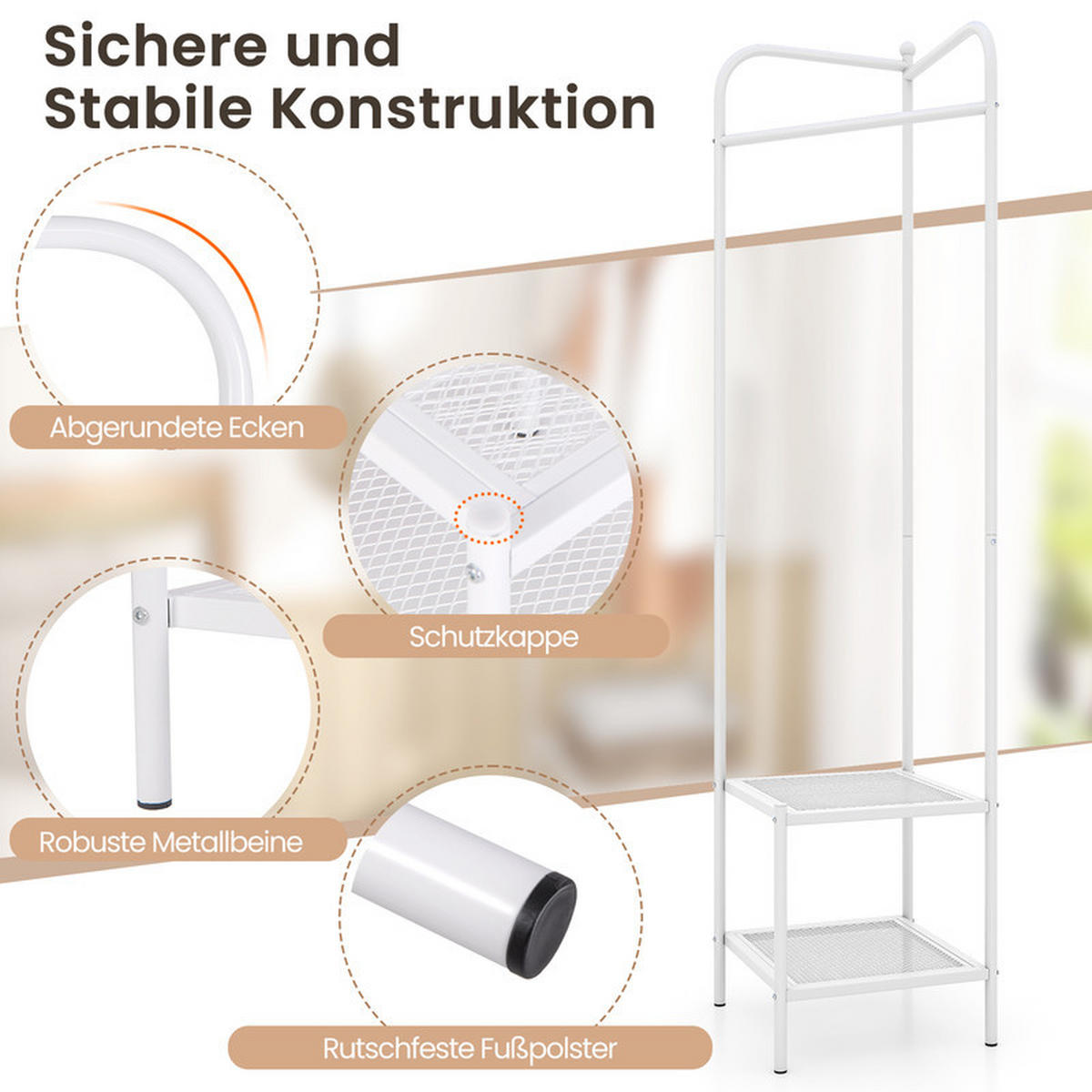 ECK-GARDEROBENSTÄNDER mit oberem Haken weiß - Weiß, Metall (42.5/193.5/42.5cm) - COSTWAY