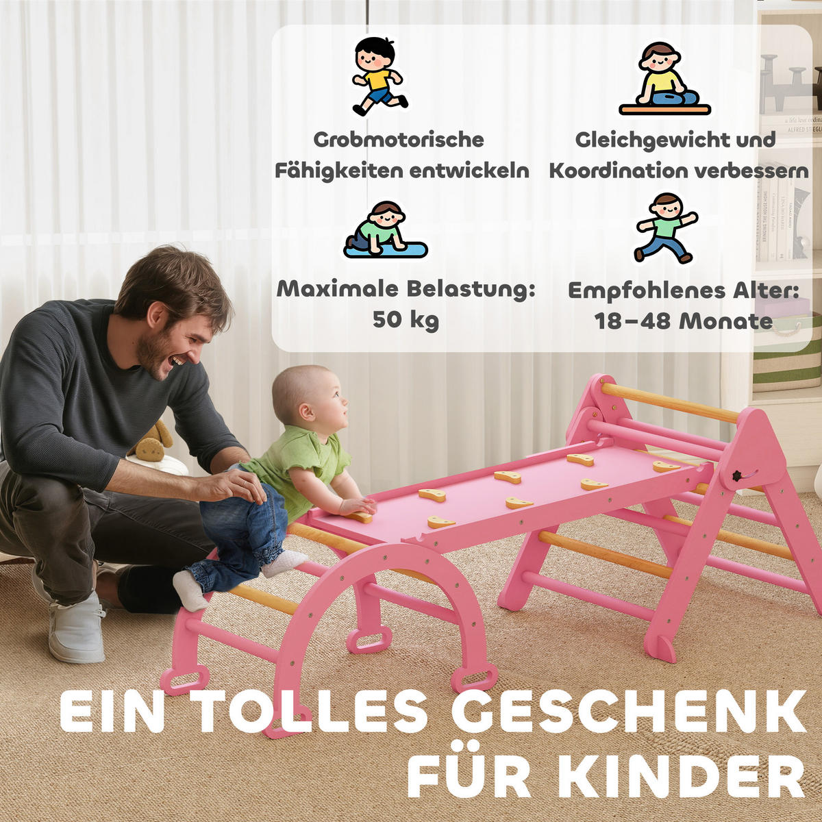 KLETTERGERÜST 7-in-1 DE-09885 Natur - Pink, Holz (70/59/188cm) - ComfortXL