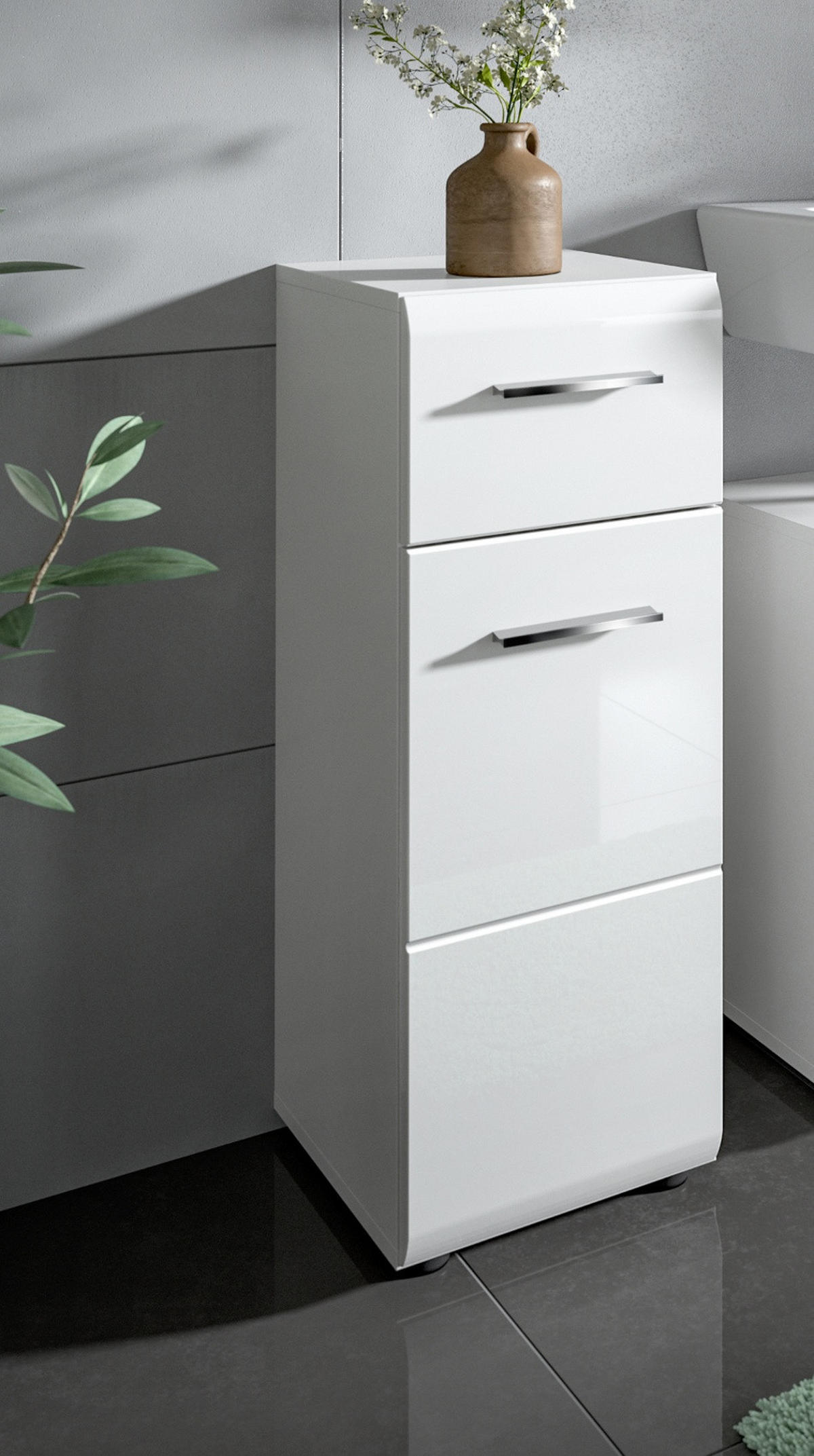 BADKOMMODE weiß Hochglanz, Badezimmer Schrank 30 x 80 cm - Weiß Hochglanz/Silberfarben, Holzwerkstoff/Kunststoff (30/80/30cm) - Inn.Furn