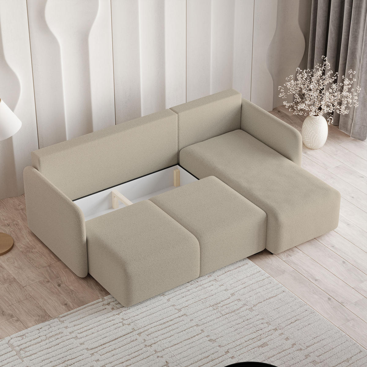 ECKSOFA SUVINO Beige Boucle-Stoff mit Schlaffunktion - Beige, Holz (230/143cm) - MASSENO