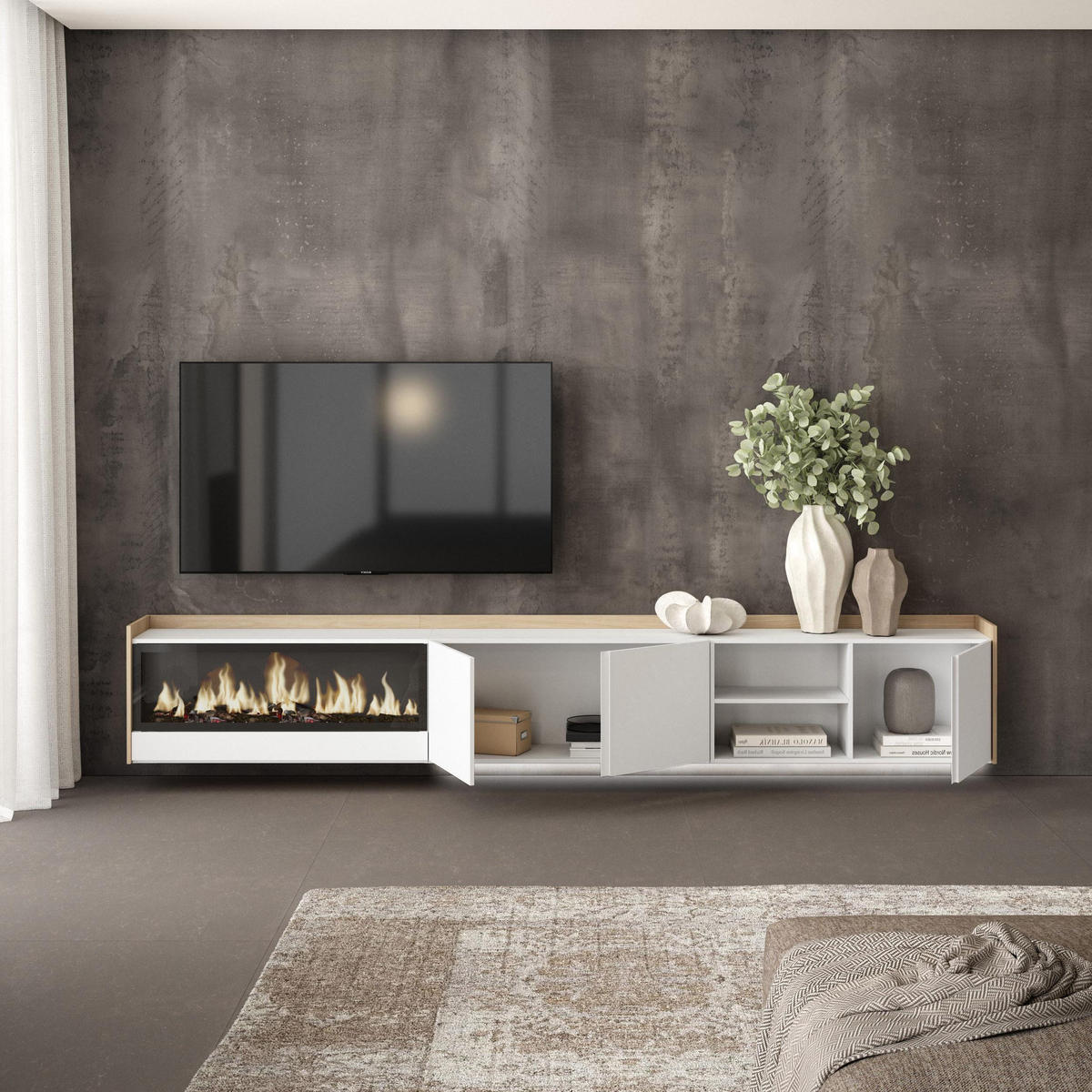 LOWBOARD, Weiß und Eiche, 315/35/50cm, Kamin mit Feuereffekt XXL - Weiß, Holzwerkstoff (315/50/35cm) - Skraut Home