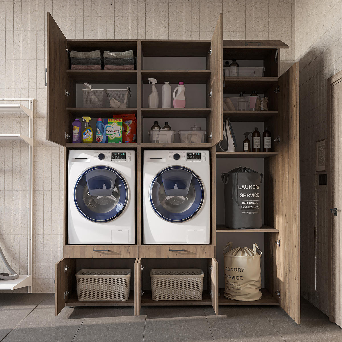WASCHMASCHINENSCHRANK Serie 3 194cm Breit, 240cm Hoch - Eichefarben, Holzwerkstoff (194/240/67cm)