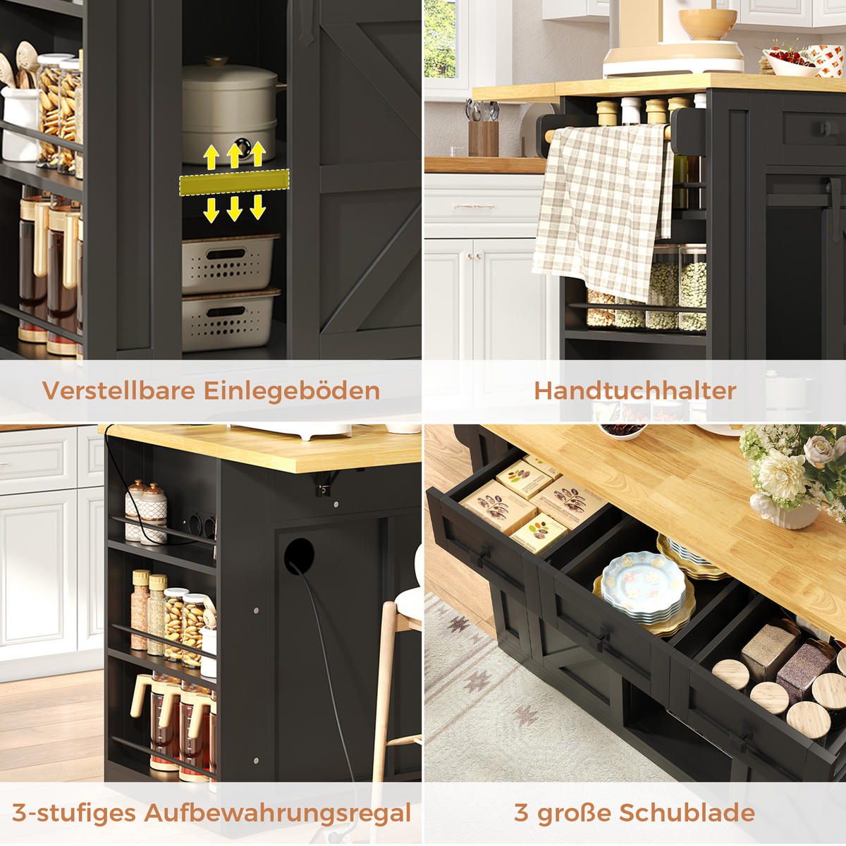 KÜCHENINSEL 130/50/87 cm Schwarz mit ausklappbarer Arbeitsplatte, 3-stufigem Ablageregal und 3 Schubladen - Schwarz, Holz/Holzwerkstoff (80/87/130cm) - Oxeza
