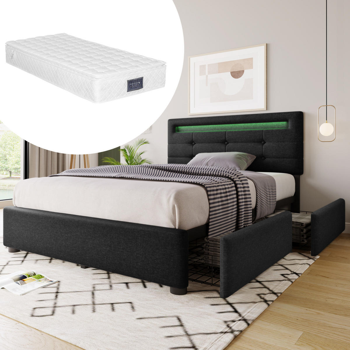 ČALÚNENÁ posteľ z ľanového materiálu 90x200 cm čierna s LED osvetlením, 2 zásuvkami a nastaviteľným čelom - čierna, textil (90/200cm) - Modfu