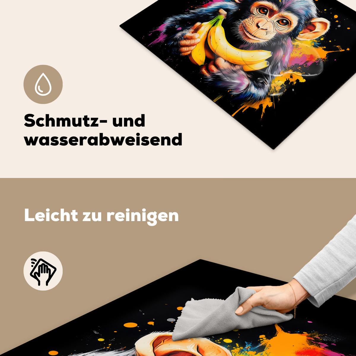 HERDABDECKPLATTE Affe - Graffiti - Farbenfroh - Bananen - Modern 65x52 cm - Gelb, Kunststoff (65/0.2/52cm) - MuchoWow