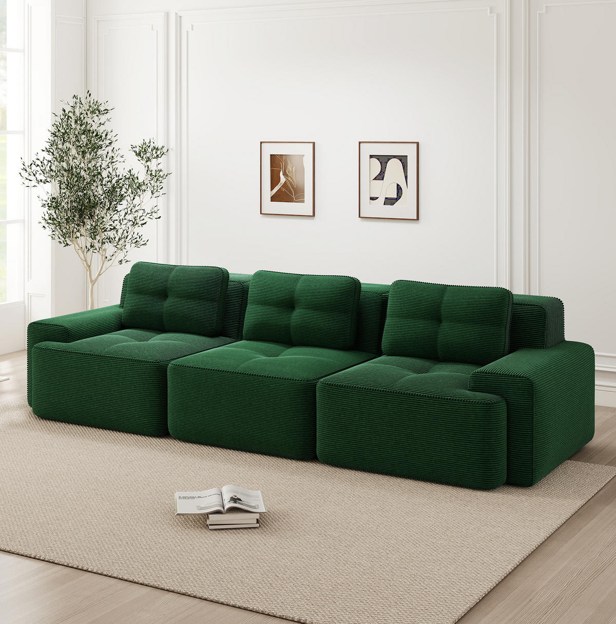 MODULÁRNÍ pohovka z manšestru 293x104x69 cm zelená s hlubokým sedem, bez montáže a s pet-friendly povrchem - zelená barva, textil (104/69/293cm) - Modfu