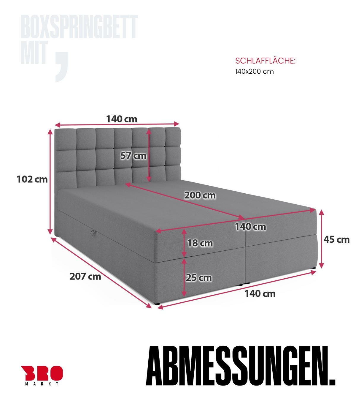 BOXBETT Dakota mit Topper 140/200 Hellgrau - Hellgrau, Textil (140/200cm) - Bromarkt