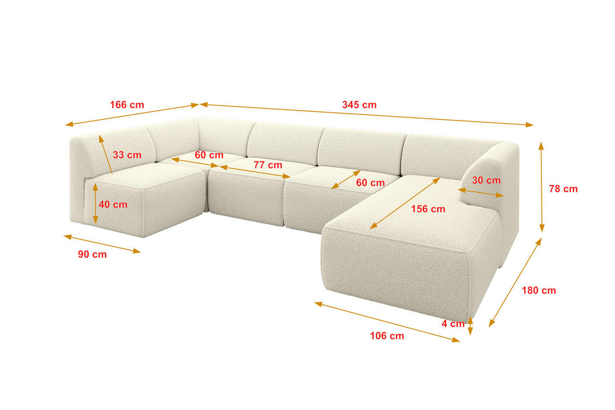 WOHNLANDSCHAFT Ottomane Rechts MOVO-L 345x180x78 cm Beige Bouclé - Hellbraun, Holzwerkstoff/Kunststoff (180/78/345cm) - ALTDECOR